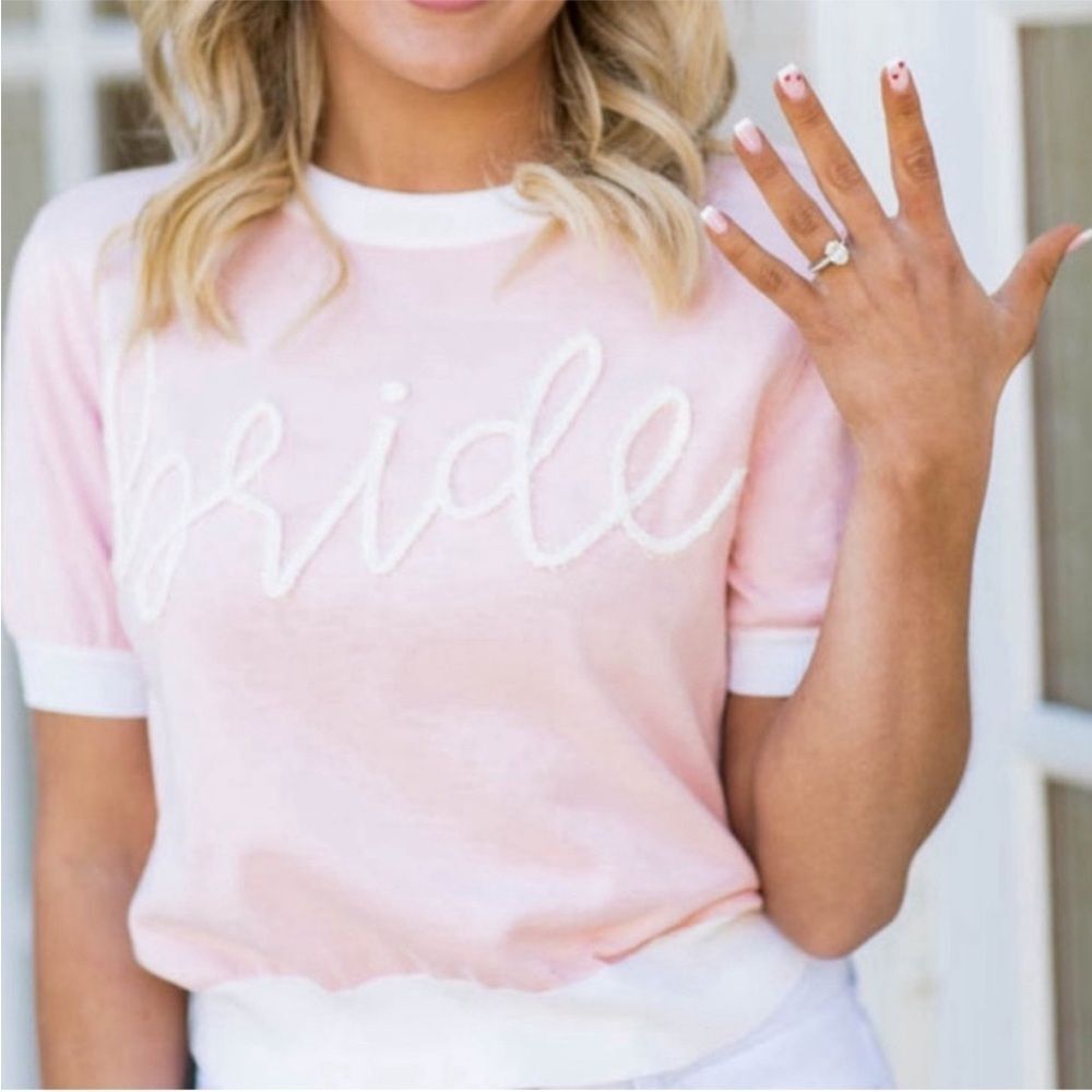 Queen of Sparkles Bride Glitter Short Sleeve Sweater Pink Size Small wedding